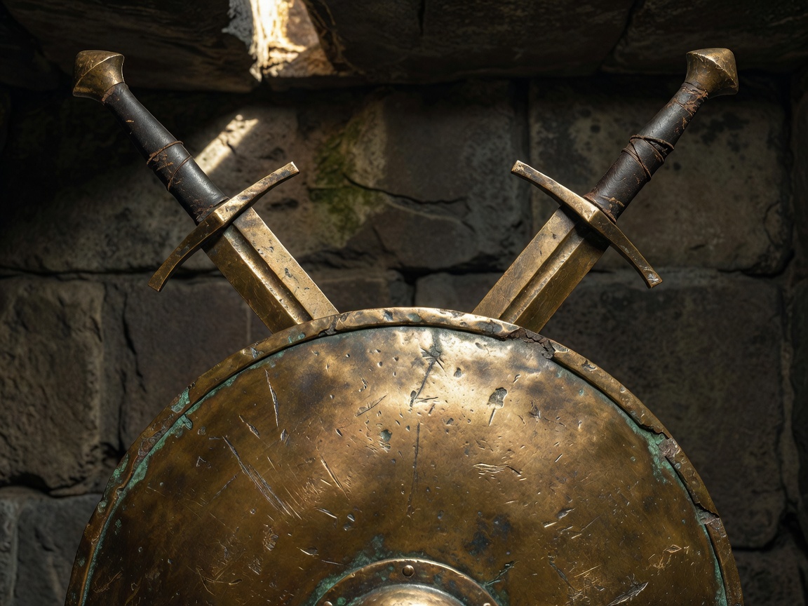 Crossed swords behind a heavy bronze gladiator shield