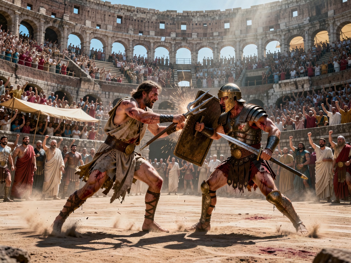 Two gladiators engaged in fierce combat inside a crowded Roman arena