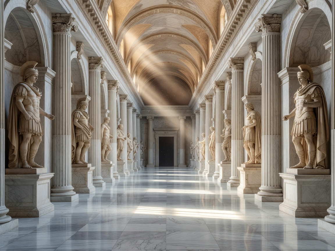 Grand Roman hallway made of white marble with statues of heroic champions