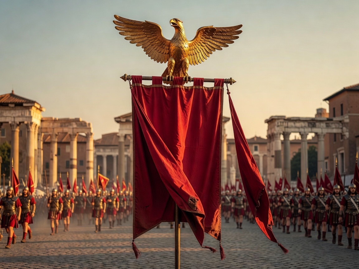 Red Roman victory banner featuring a golden eagle standard