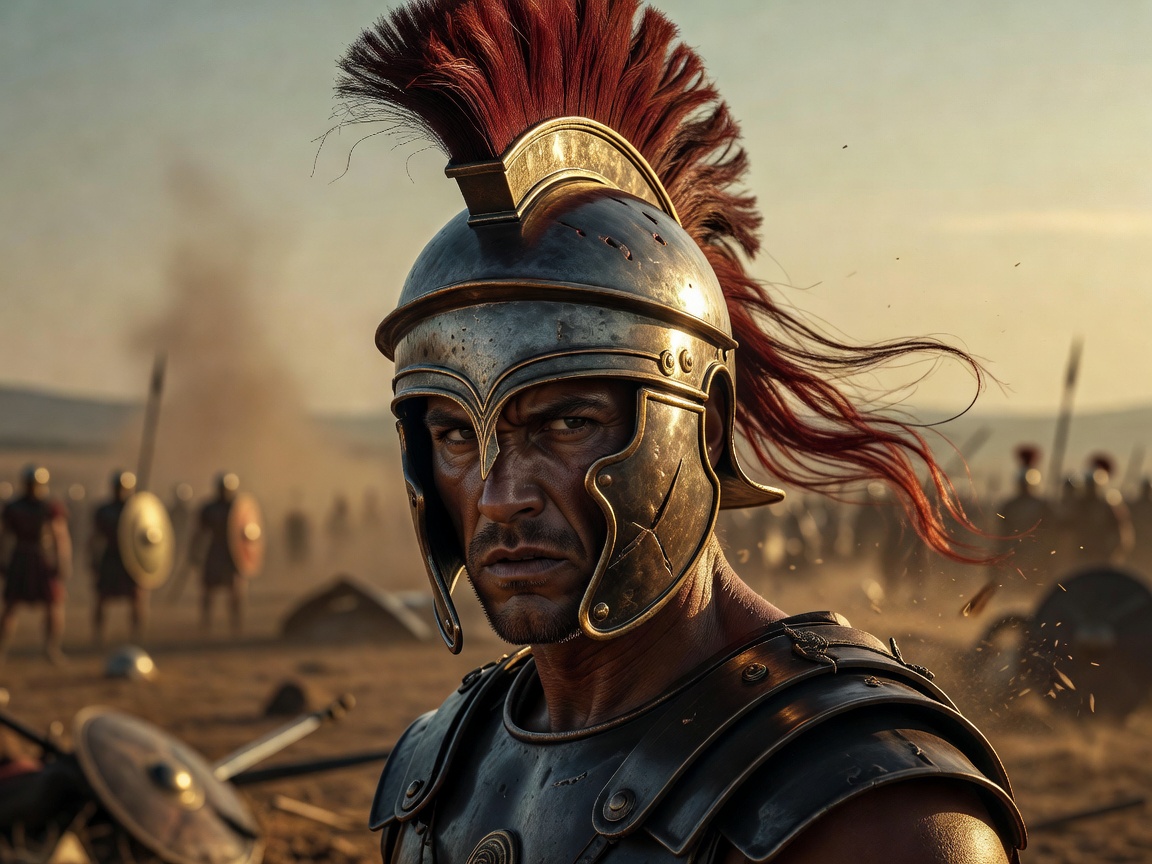 Fierce Roman warrior wearing a traditional crested helmet